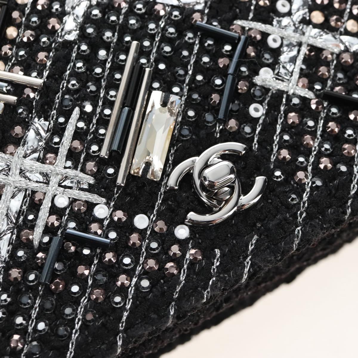 CHANEL Rhinestone Turn Lock Chain Bag Tweed Beads Black Silver CC Auth yk21033SM