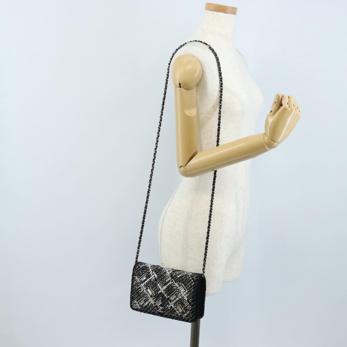 CHANEL Rhinestone Turn Lock Chain Bag Tweed Beads Black Silver CC Auth yk21033SM