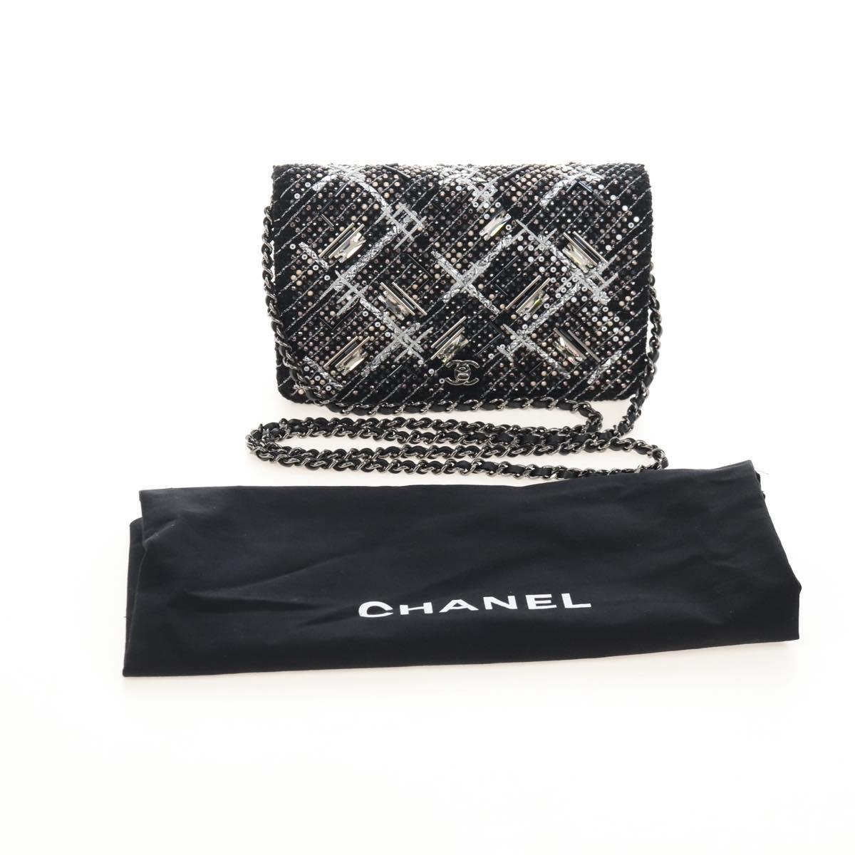 CHANEL Rhinestone Turn Lock Chain Bag Tweed Beads Black Silver CC Auth yk21033SM