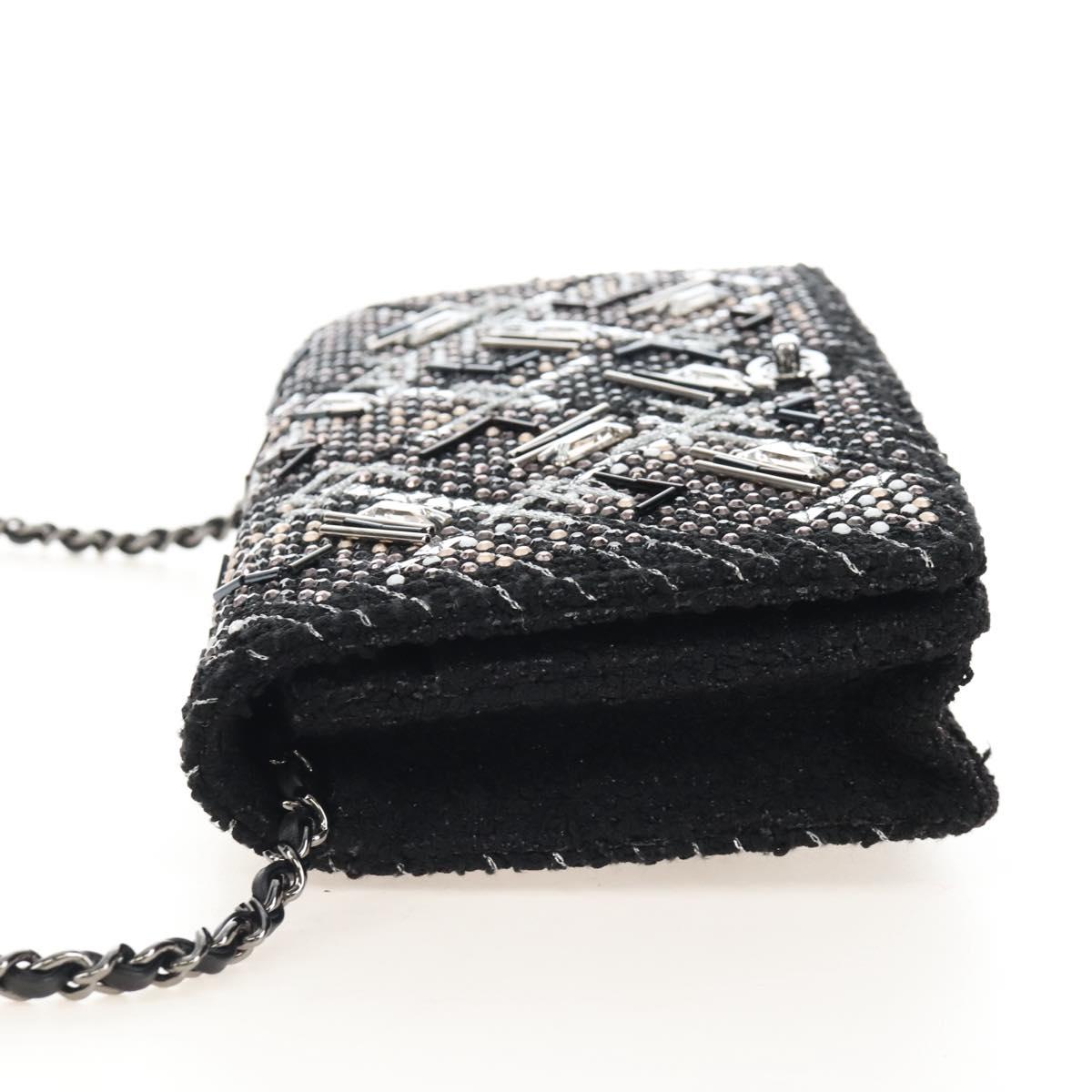 CHANEL Rhinestone Turn Lock Chain Bag Tweed Beads Black Silver CC Auth yk21033SM