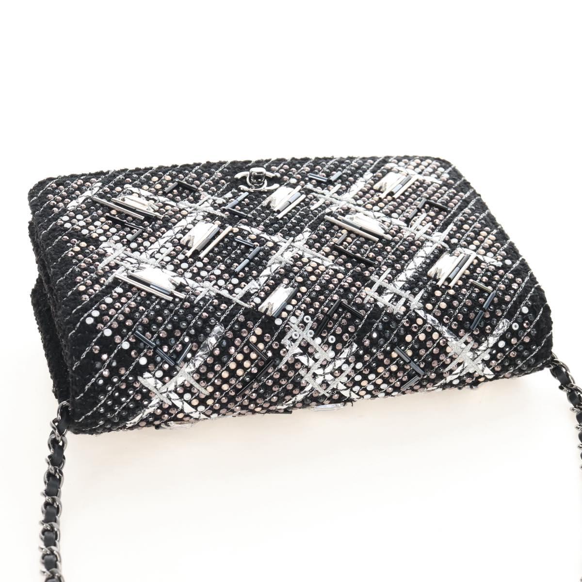 CHANEL Rhinestone Turn Lock Chain Bag Tweed Beads Black Silver CC Auth yk21033SM