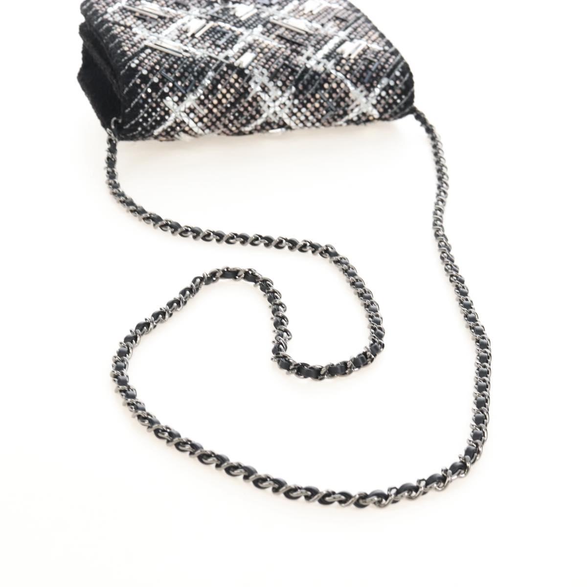 CHANEL Rhinestone Turn Lock Chain Bag Tweed Beads Black Silver CC Auth yk21033SM