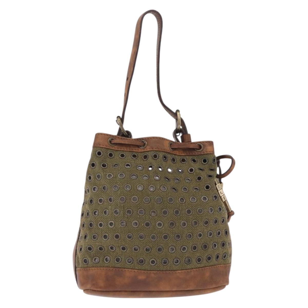 CELINE Punching Hand Bag Canvas Khaki Gold Auth yk21039V