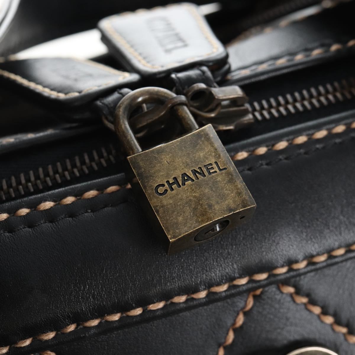 CHANEL Wild Stitch Boston Bag Leather Black Gold CC Auth yk21043SAM