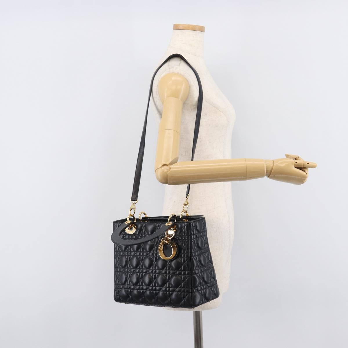 Christian Dior Canage Hand Bag Lamb Skin 2way Black Gold Auth yk21048SAM