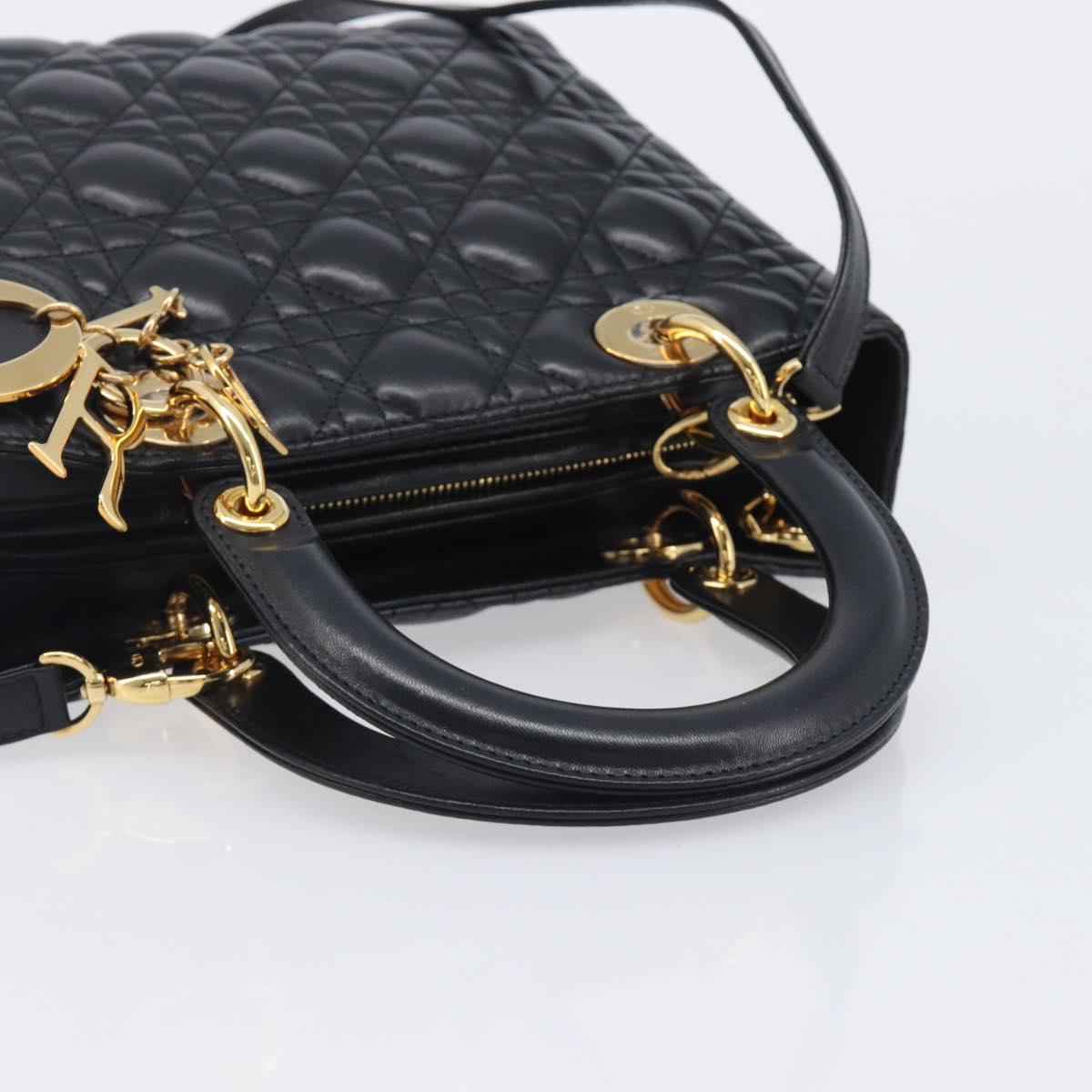 Christian Dior Canage Hand Bag Lamb Skin 2way Black Gold Auth yk21048SAM