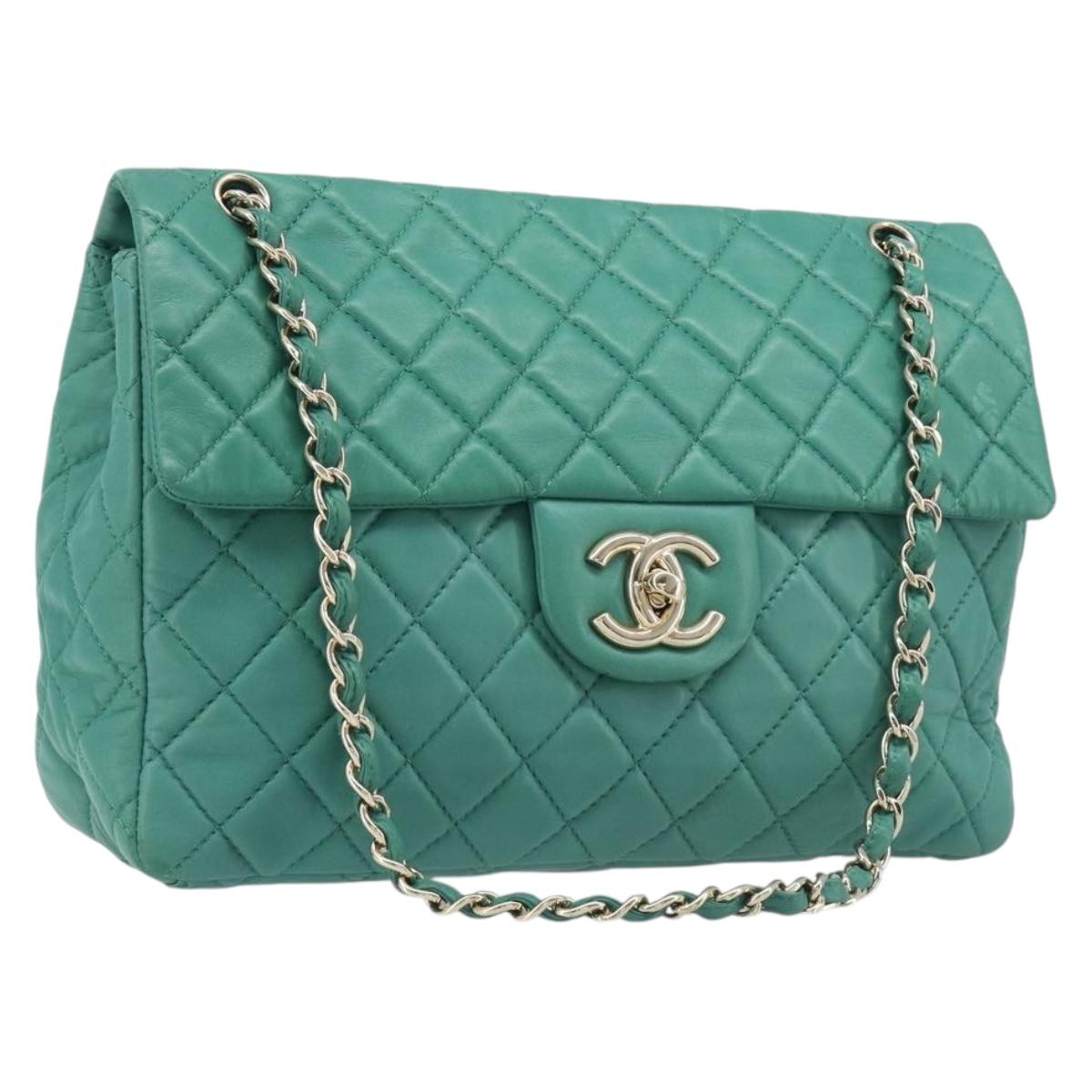 CHANEL Matelasse 34 Maxi Chain Bag Lamb Skin Green Silver CC Auth yk21053SAM