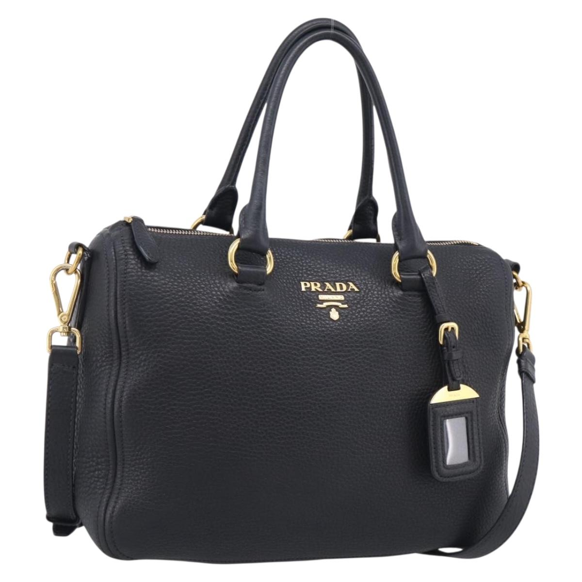 PRADA Hand Bag Leather 2way Black Gold Auth yk21147V
