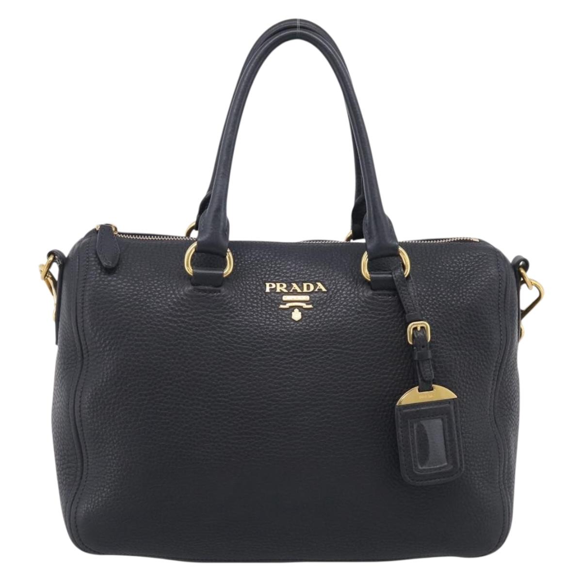 PRADA Hand Bag Leather 2way Black Gold Auth yk21147V
