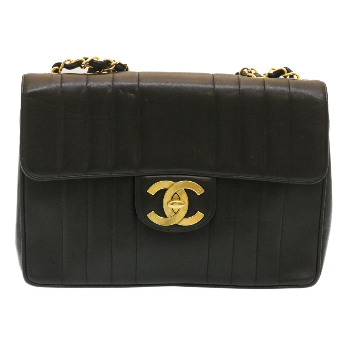 CHANEL Mademoiselle Big COCO Mark Chain ShoulderBag Lamb Skin Black Auth yk4080SAV
