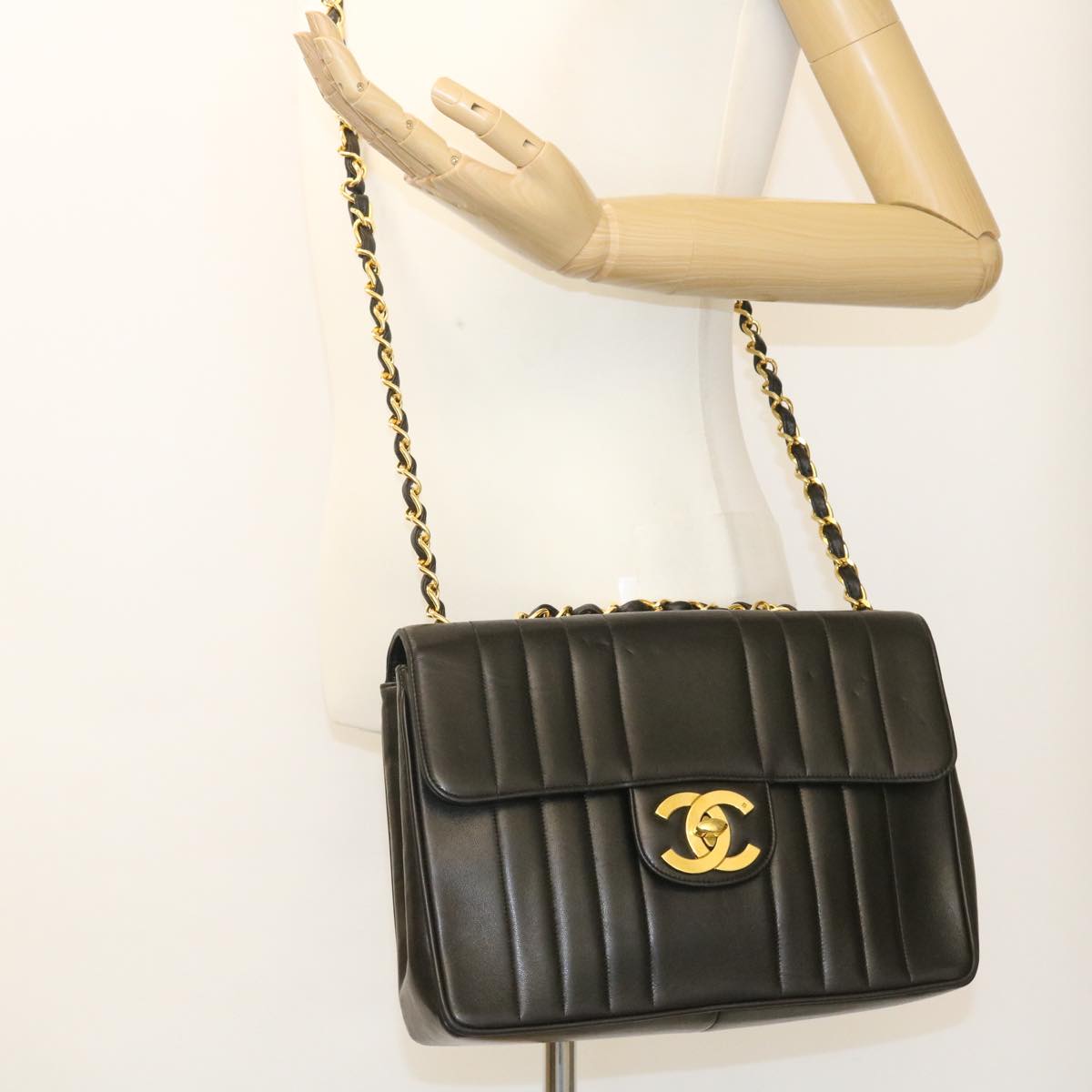 CHANEL Mademoiselle Big COCO Mark Chain ShoulderBag Lamb Skin Black Auth yk4080SAV