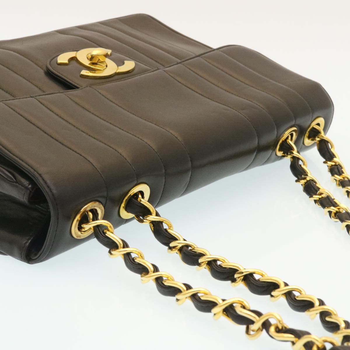 CHANEL Mademoiselle Big COCO Mark Chain ShoulderBag Lamb Skin Black Auth yk4080SAV