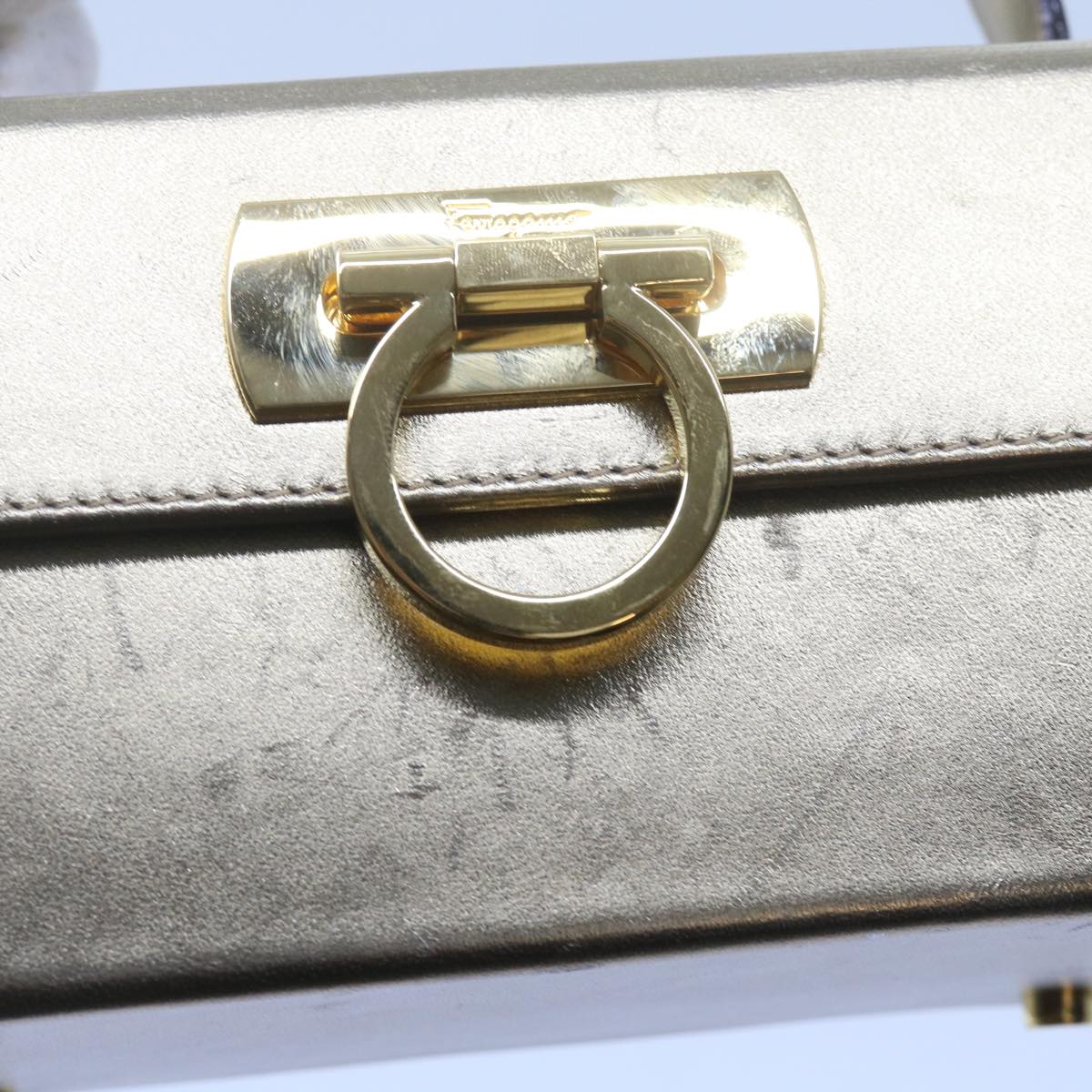 Salvatore Ferragamo Gancini Hand Bag Leather Gold Tone Auth yk9994