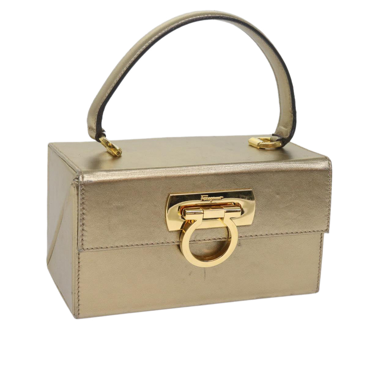 Salvatore Ferragamo Gancini Hand Bag Leather Gold Tone Auth yk9994