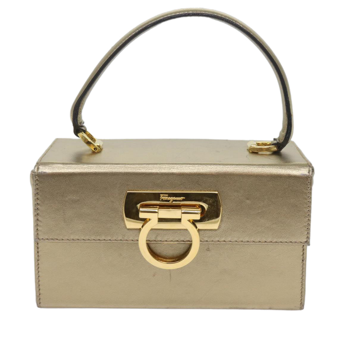 Salvatore Ferragamo Gancini Hand Bag Leather Gold Tone Auth yk9994
