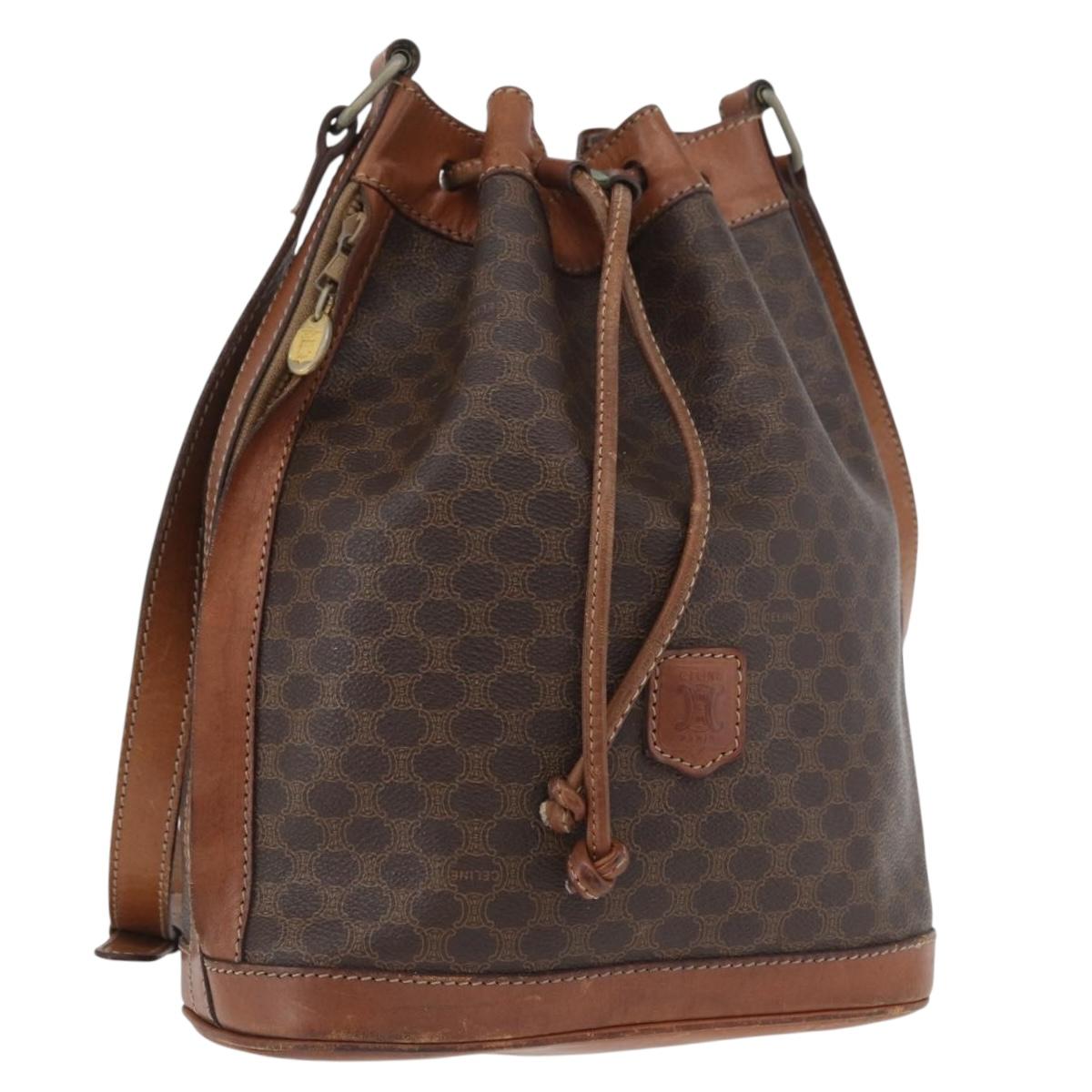 CELINE Macadam Canvas Shoulder Bag PVC Leather Brown Gold Auth YKZ018