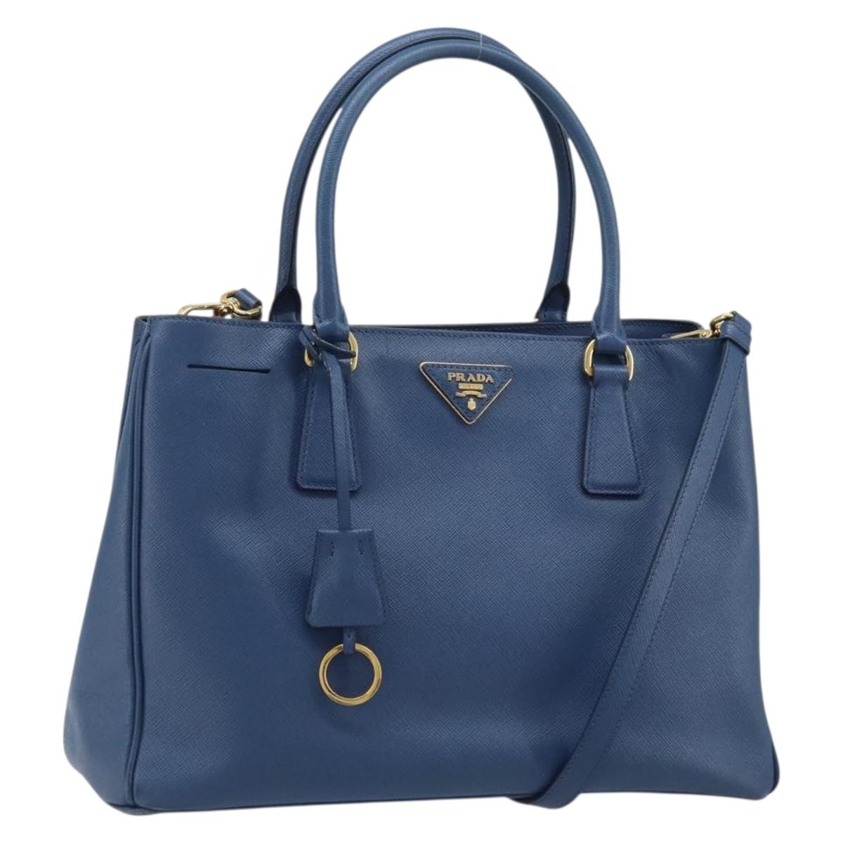 PRADA Galleria Hand Bag Safiano leather 2way Blue Gold Auth YKZ030A