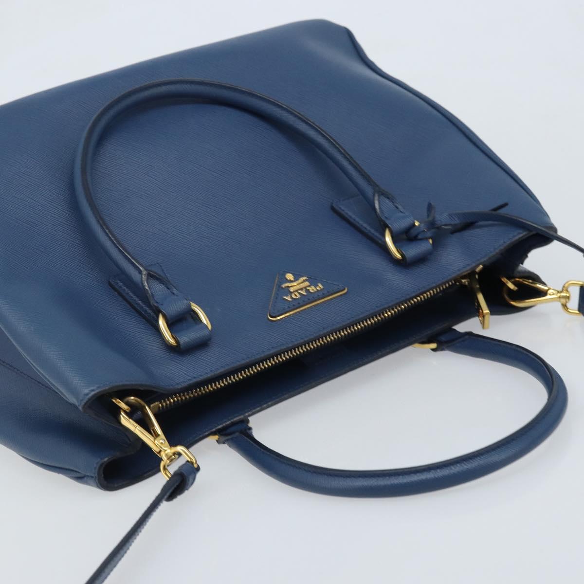 PRADA Galleria Hand Bag Safiano leather 2way Blue Gold Auth YKZ030A