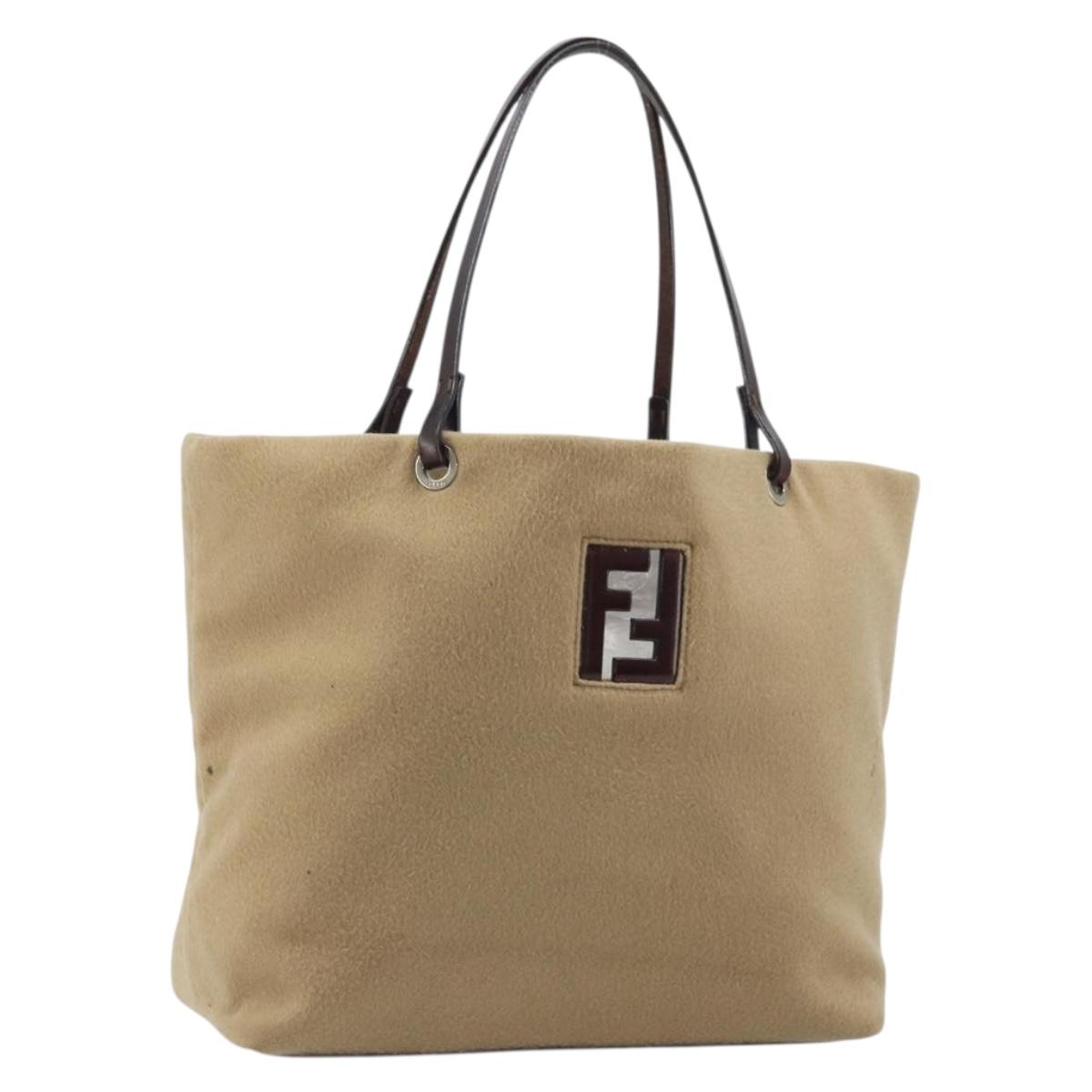 FENDI Tote Bag Cashmere Beige Silver Auth YKZ045