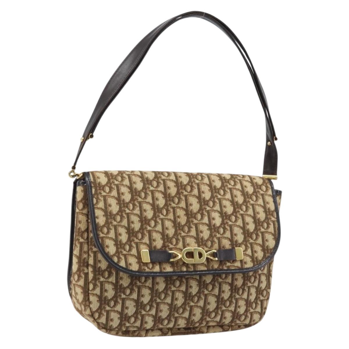 Christian Dior Trotter Canvas Shoulder Bag Brown Gold Auth YKZ048