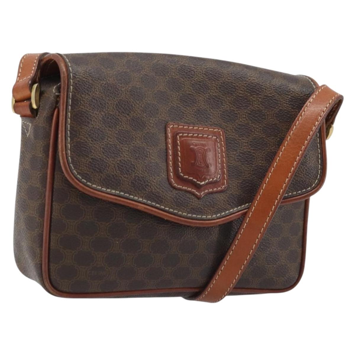 CELINE Macadam Canvas Shoulder Bag PVC Leather Brown Gold Auth YKZ056