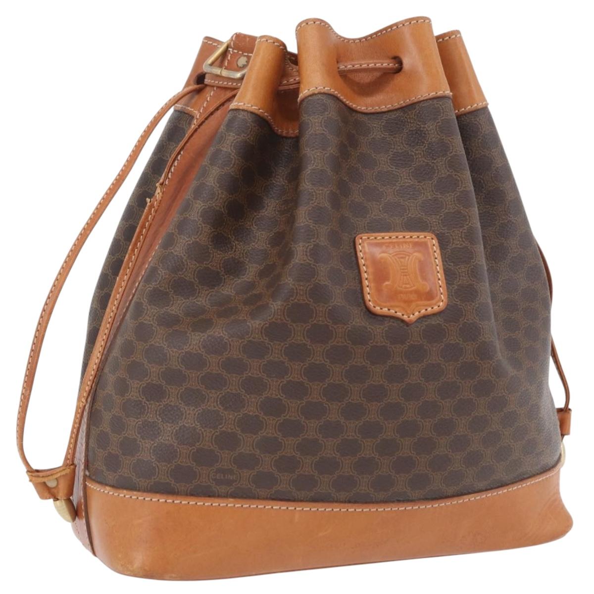 CELINE Macadam Canvas Purse Shoulder Bag PVC Leather Brown Gold Auth YKZ068