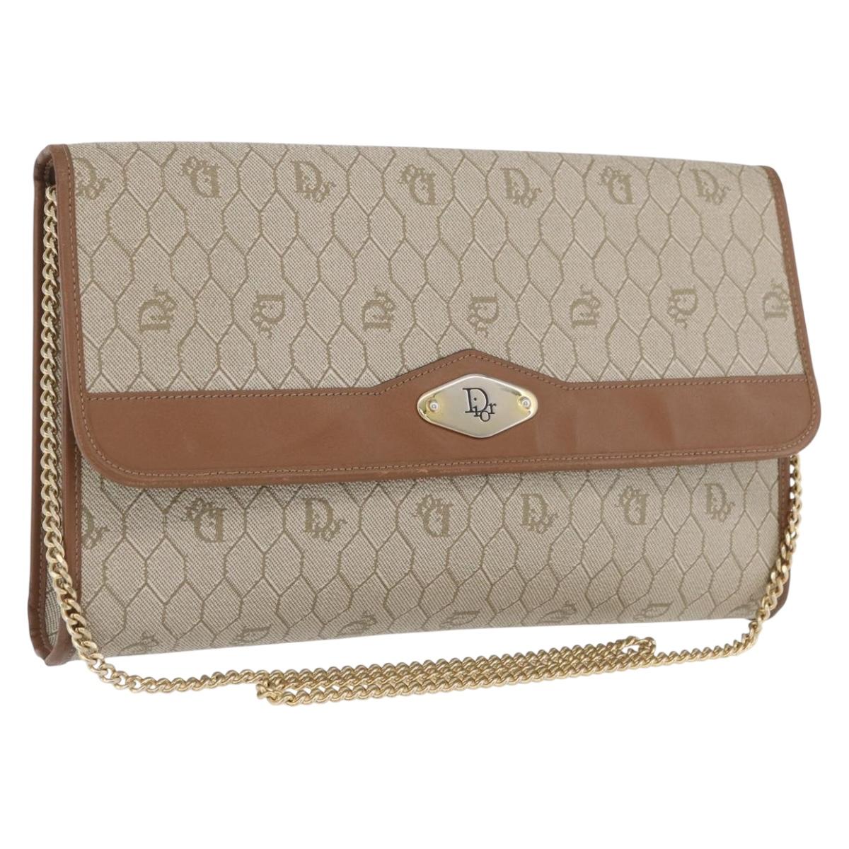 Christian Dior Honeycomb Canvas Chain Shoulder Bag PVC Beige Gold Auth YKZ075A