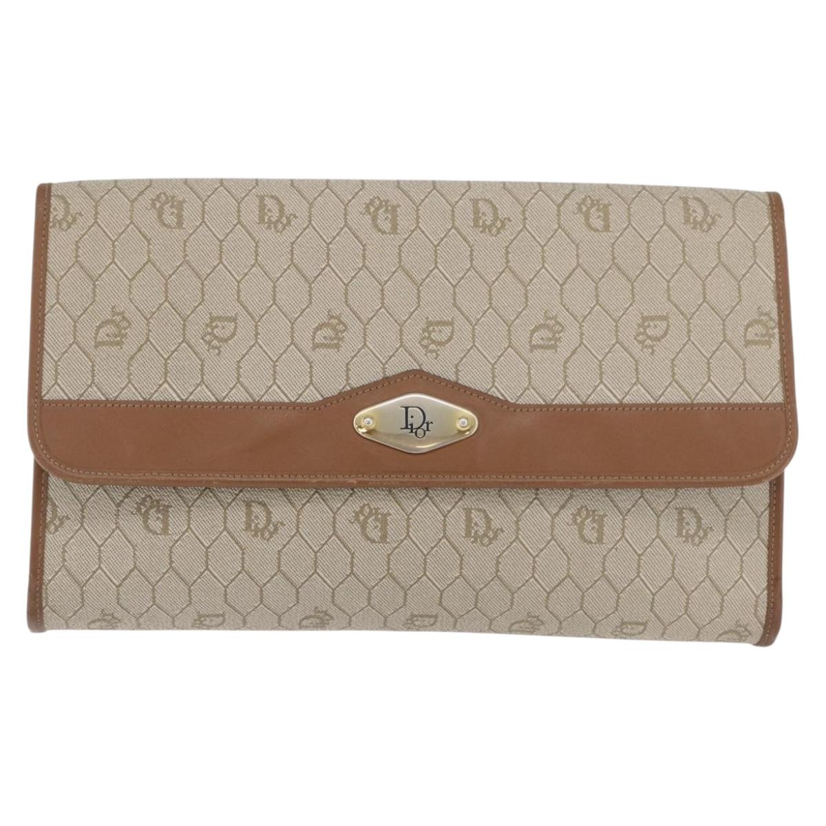 Christian Dior Honeycomb Canvas Chain Shoulder Bag PVC Beige Gold Auth YKZ075A