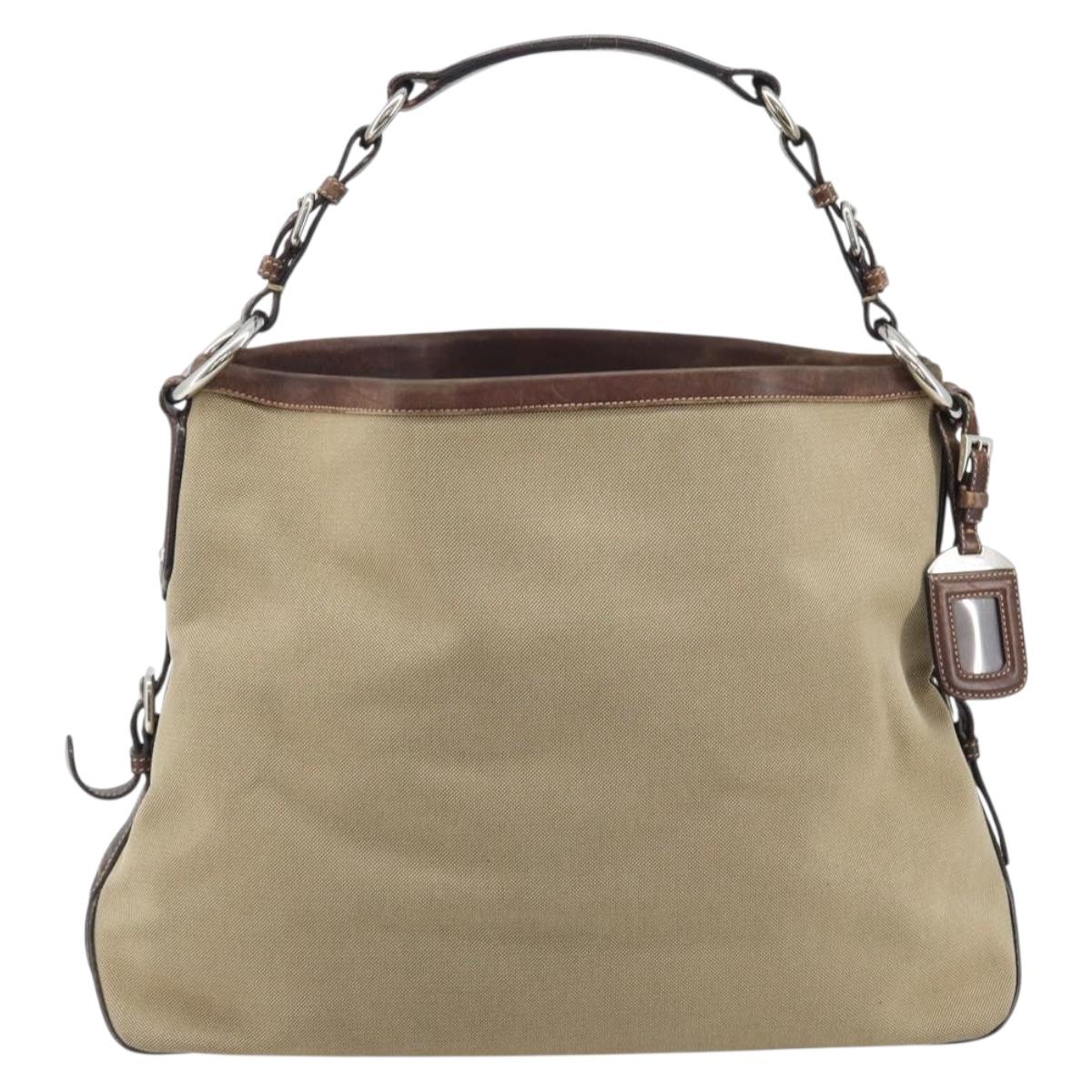 PRADA Shoulder Bag Canvas Beige Silver Auth YKZ082A