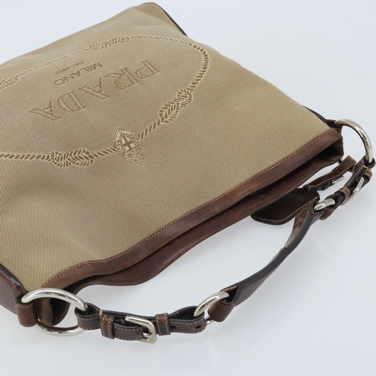 PRADA Shoulder Bag Canvas Beige Silver Auth YKZ082A