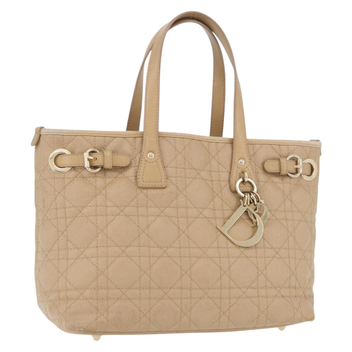 Christian Dior Lady Dior Canage Hand Bag Coated Canvas Beige Gold Auth YKZ089