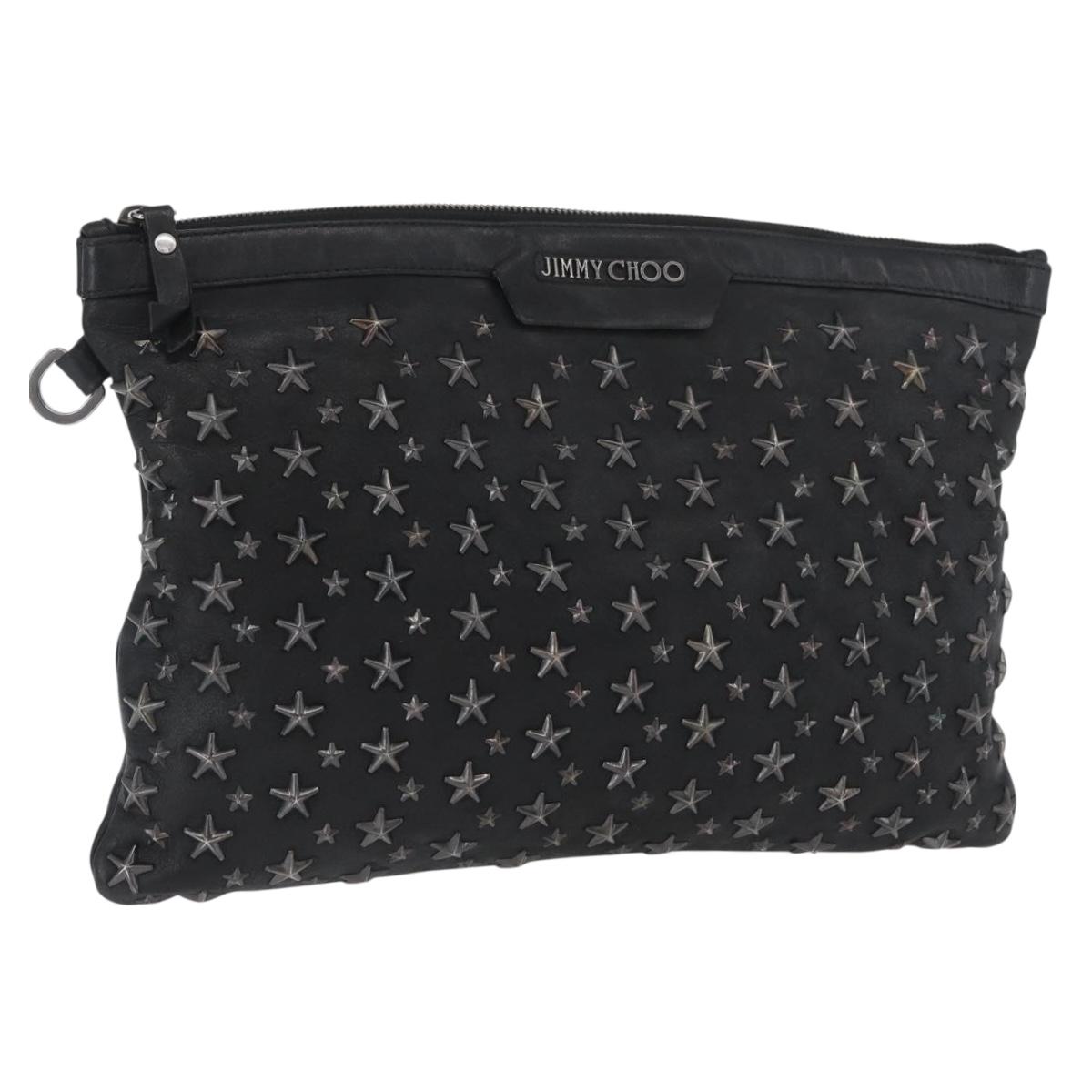 Jimmy Choo Clutch Bag Leather Black Auth YKZ093