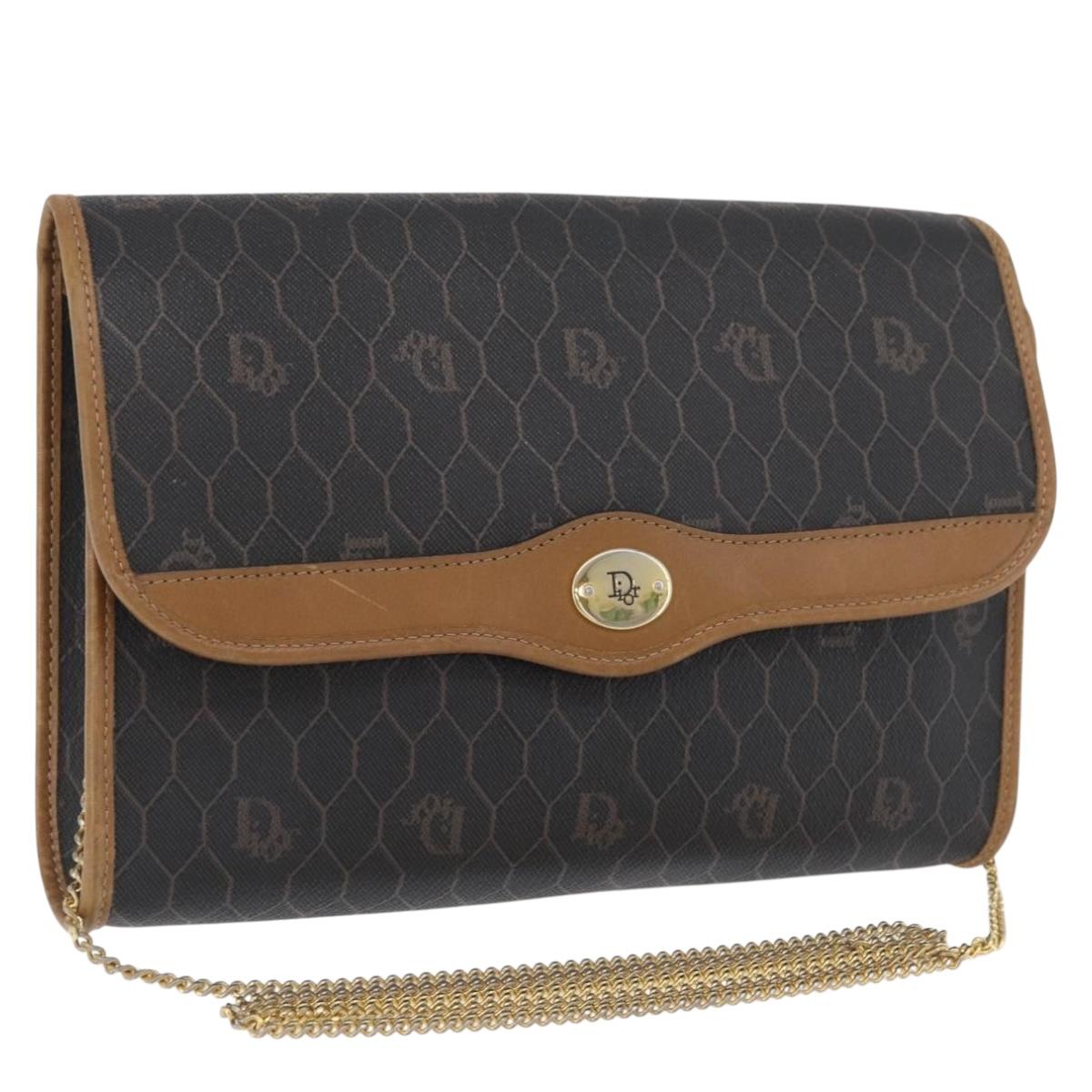 Christian Dior Honeycomb Canvas Chain Shoulder Bag PVC Black Gold Auth YKZ096