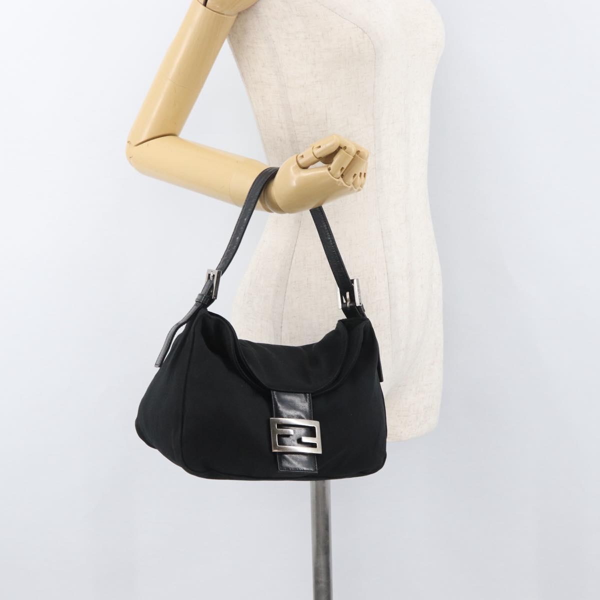FENDI Mamma Baguette Shoulder Bag Nylon Black Silver Auth YKZ1001