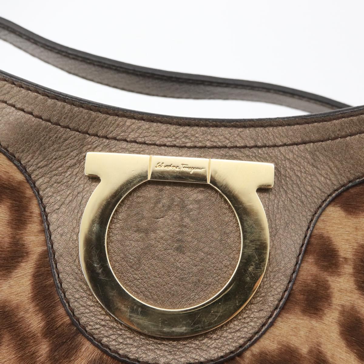 Salvatore Ferragamo Gancini Bag Unborn Calf Skin Brown Gold Auth YKZ1009A