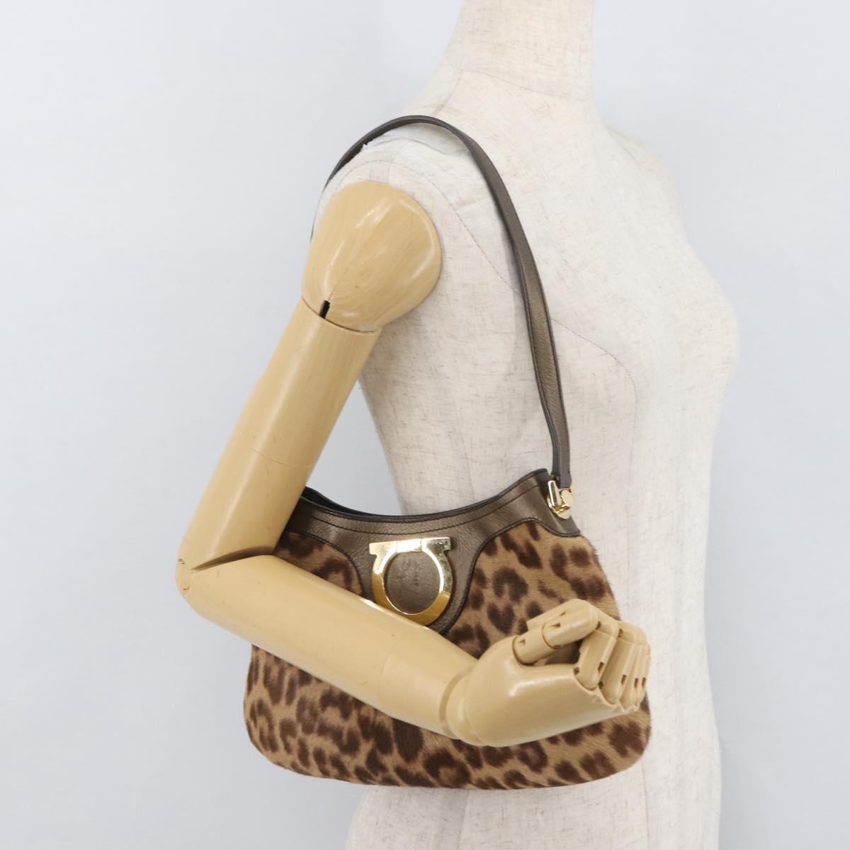 Salvatore Ferragamo Gancini Bag Unborn Calf Skin Brown Gold Auth YKZ1009A
