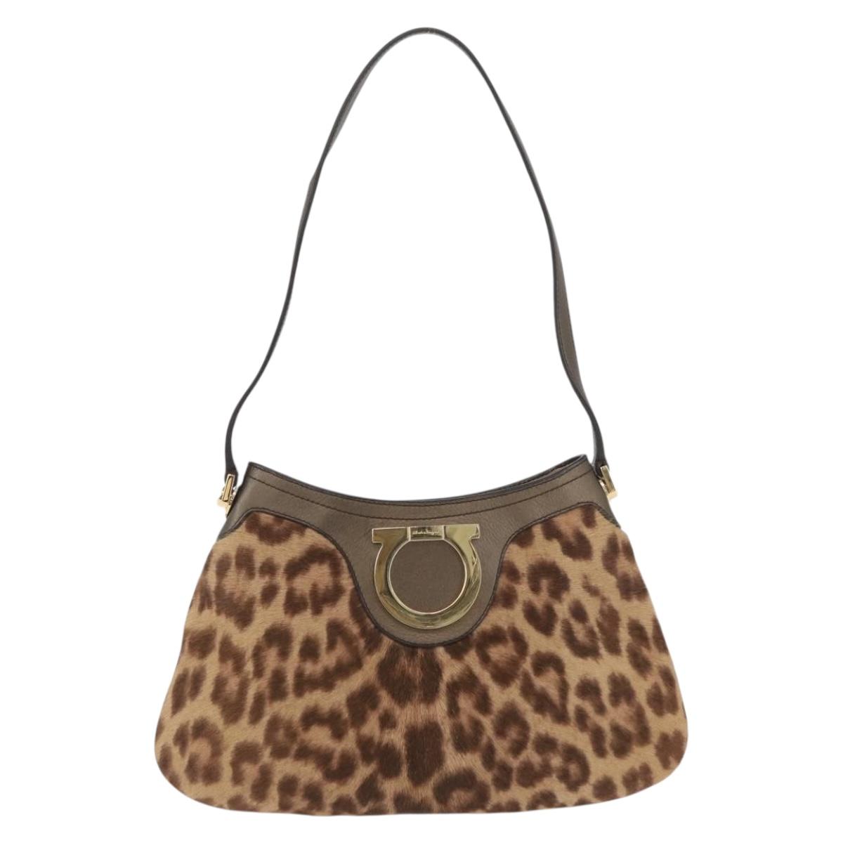 Salvatore Ferragamo Gancini Bag Unborn Calf Skin Brown Gold Auth YKZ1009A