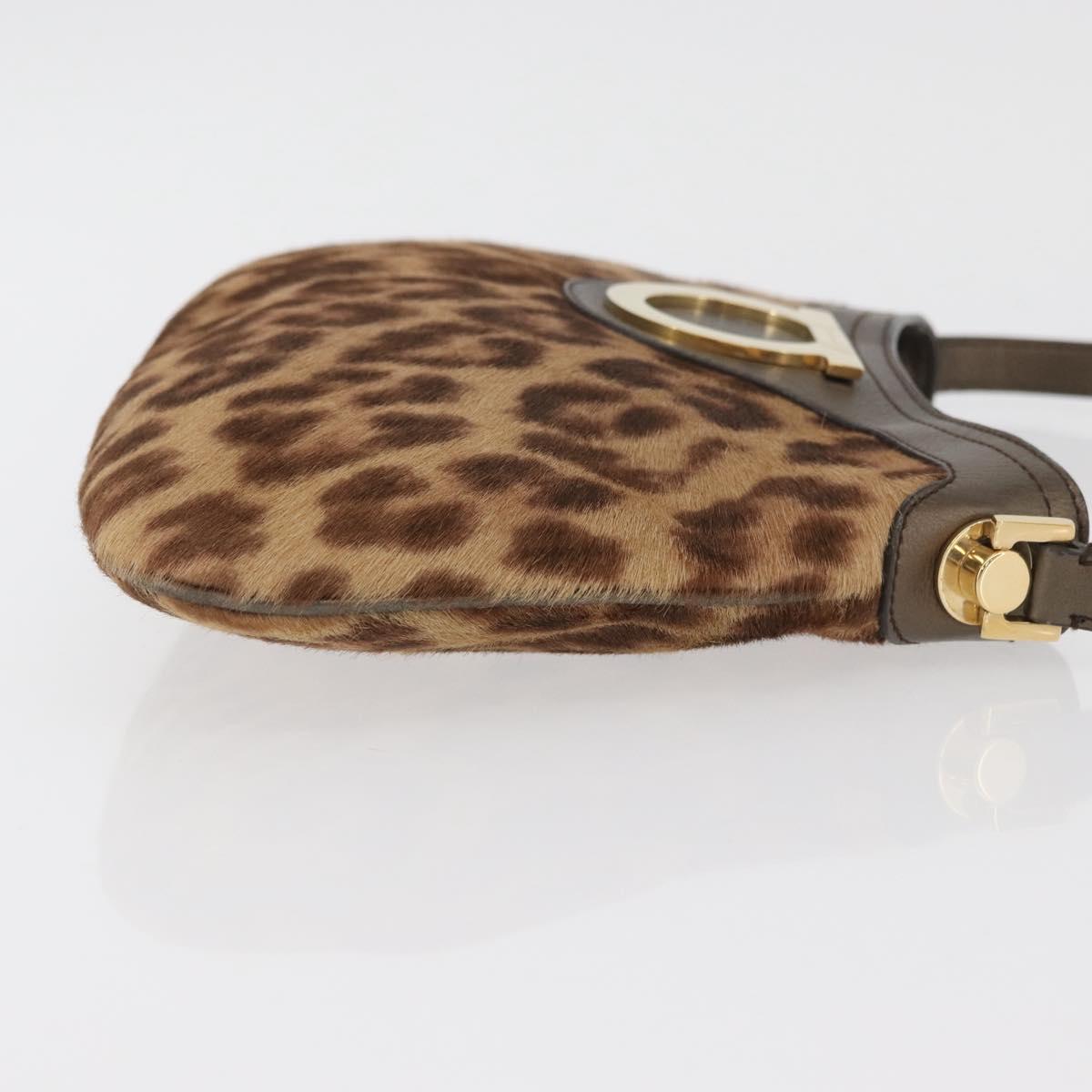 Salvatore Ferragamo Gancini Bag Unborn Calf Skin Brown Gold Auth YKZ1009A
