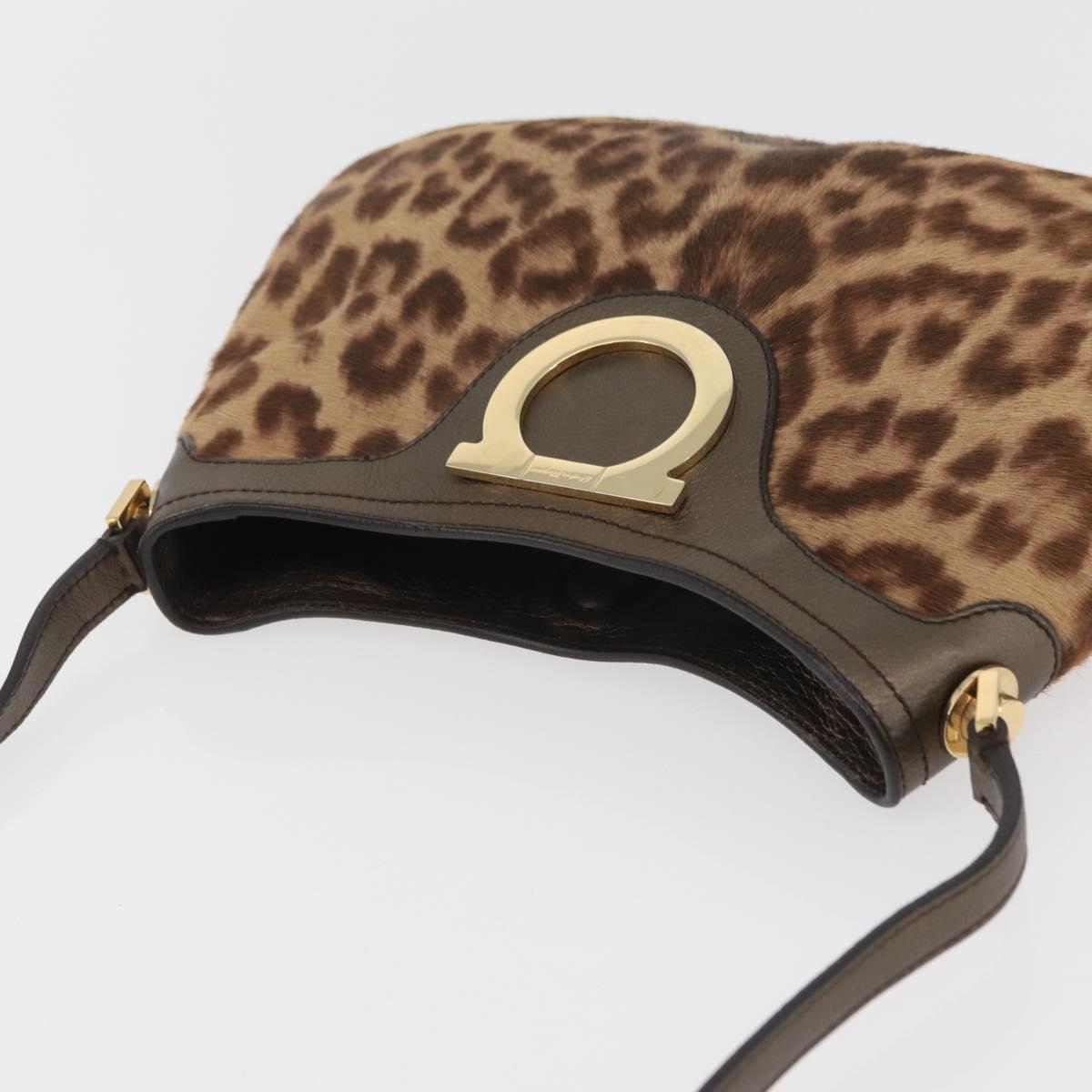 Salvatore Ferragamo Gancini Bag Unborn Calf Skin Brown Gold Auth YKZ1009A