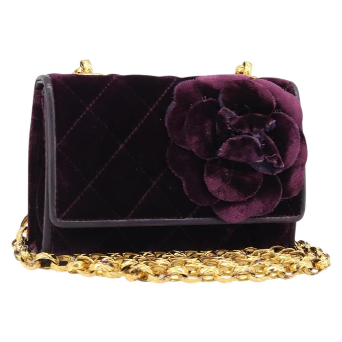 CHANEL Matelasse Chain Camelia Shoulder Bag Velor Purple Gold CC Auth YKZ1012V