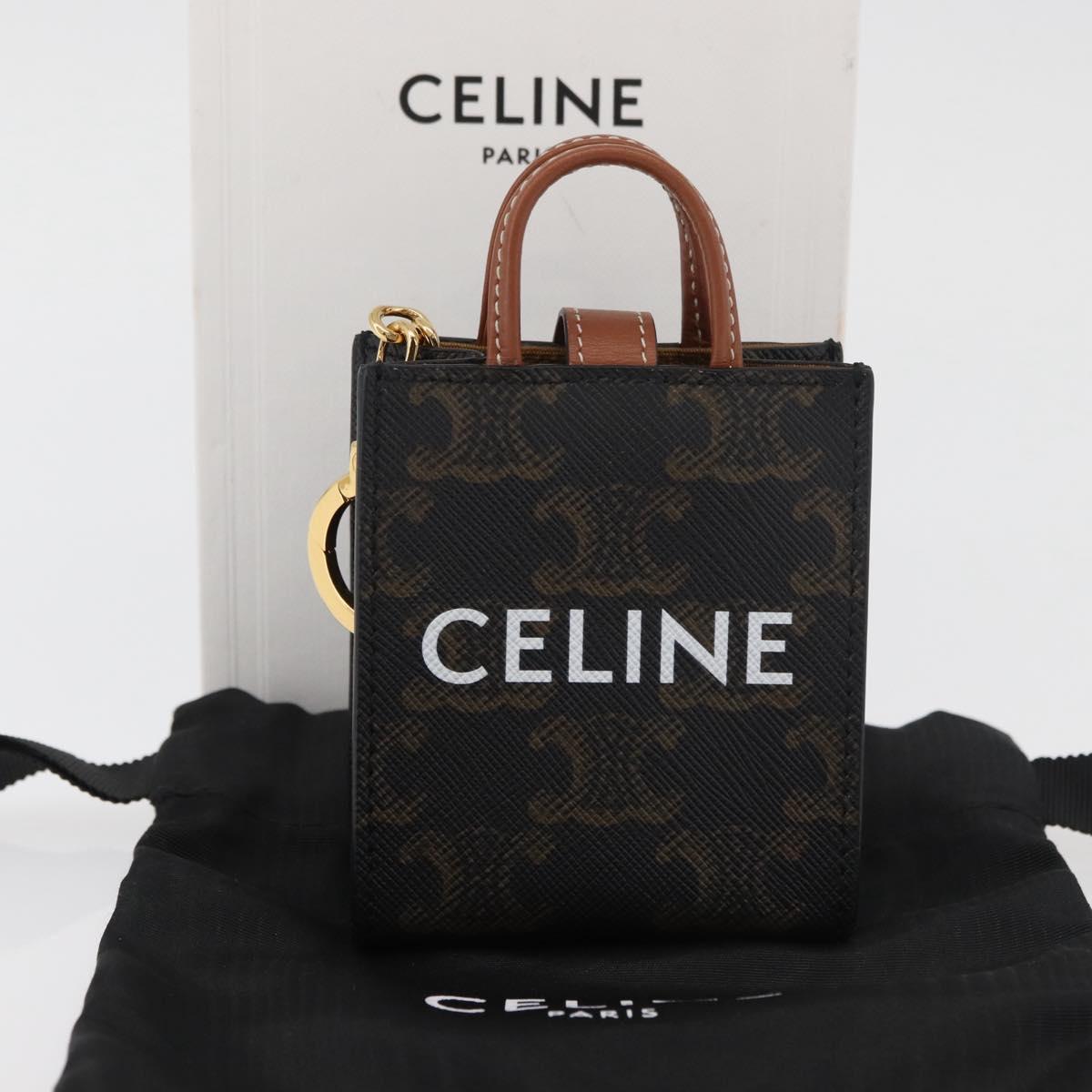CELINE Triomphe Canvas Micro Vertical Cabas Charm PVC Brown Gold Auth YKZ1019M