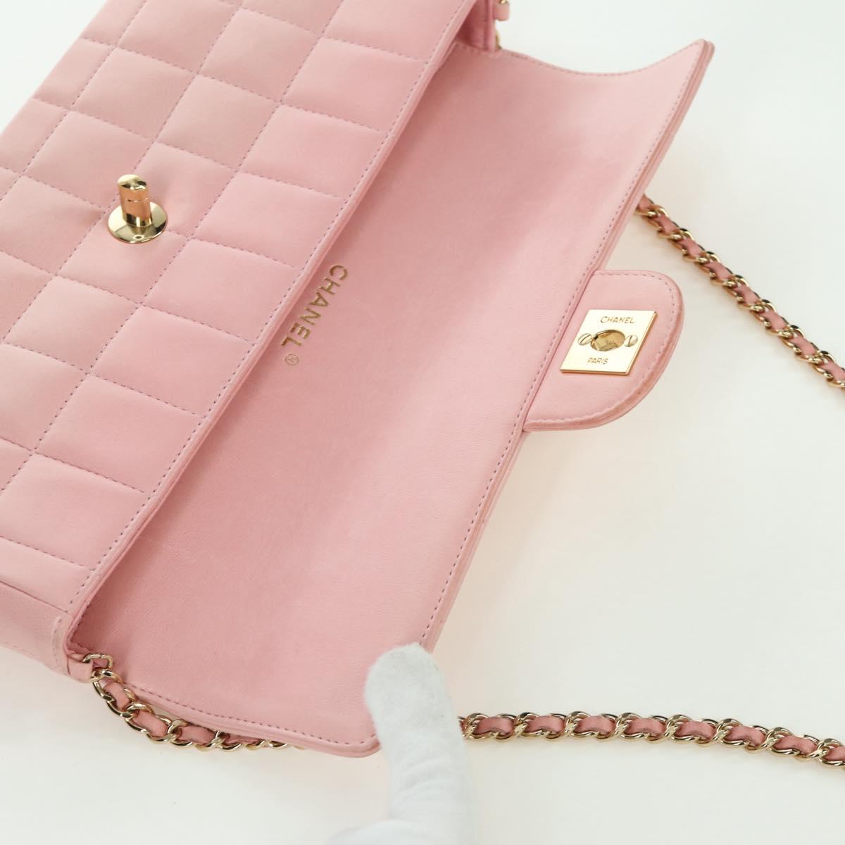 CHANEL Choco Bar Chain Shoulder Bag Lamb Skin Pink Gold CC Auth YKZ101SAV