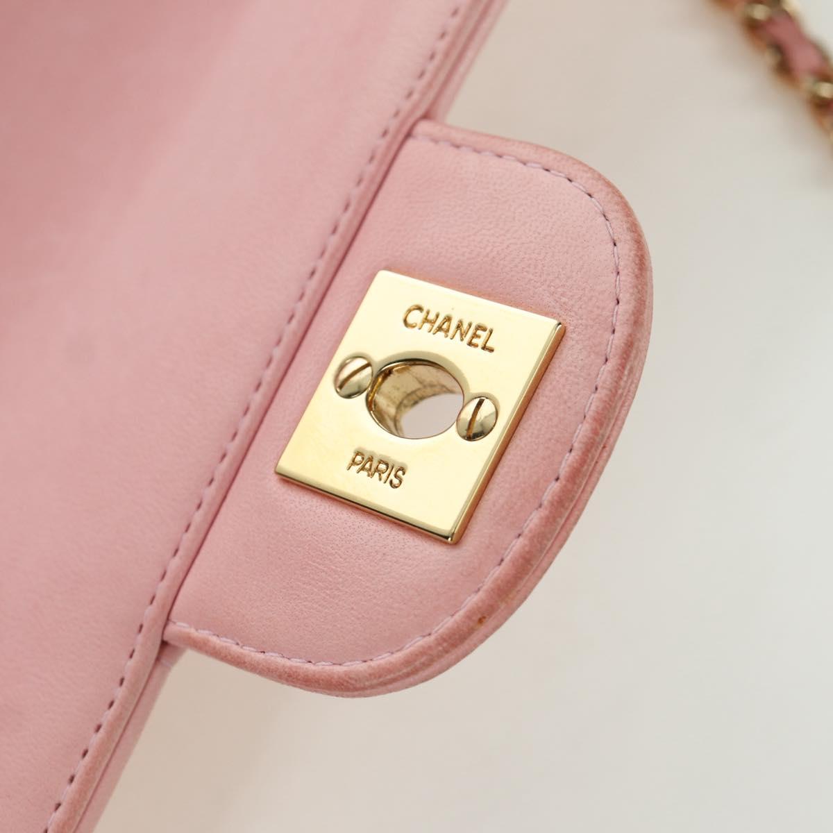 CHANEL Choco Bar Chain Shoulder Bag Lamb Skin Pink Gold CC Auth YKZ101SAV