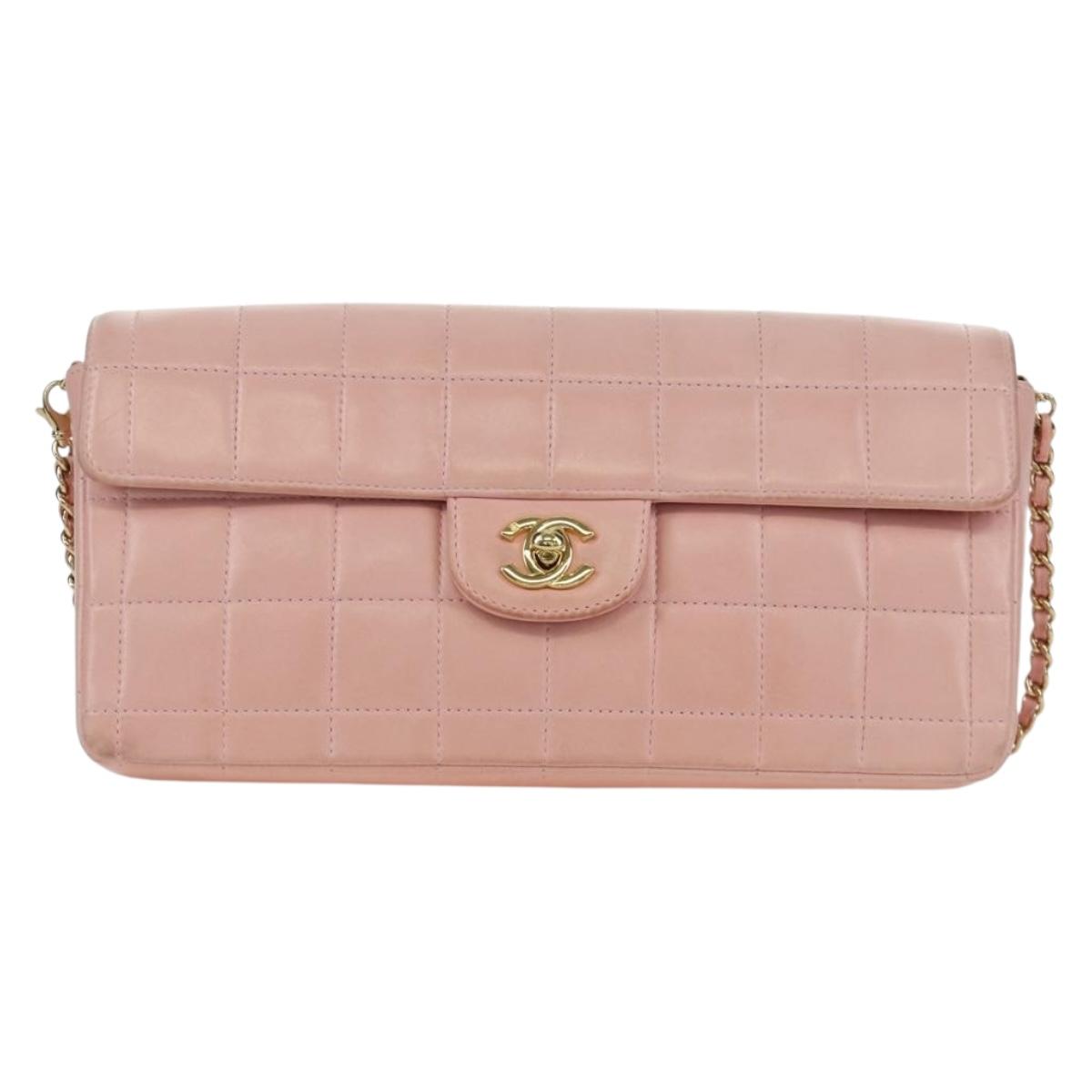 CHANEL Choco Bar Chain Shoulder Bag Lamb Skin Pink Gold CC Auth YKZ101SAV