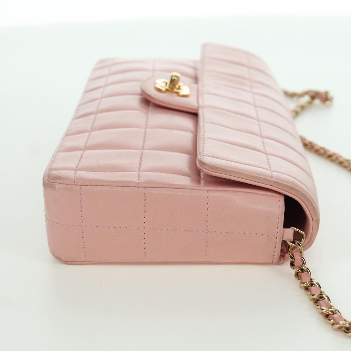 CHANEL Choco Bar Chain Shoulder Bag Lamb Skin Pink Gold CC Auth YKZ101SAV