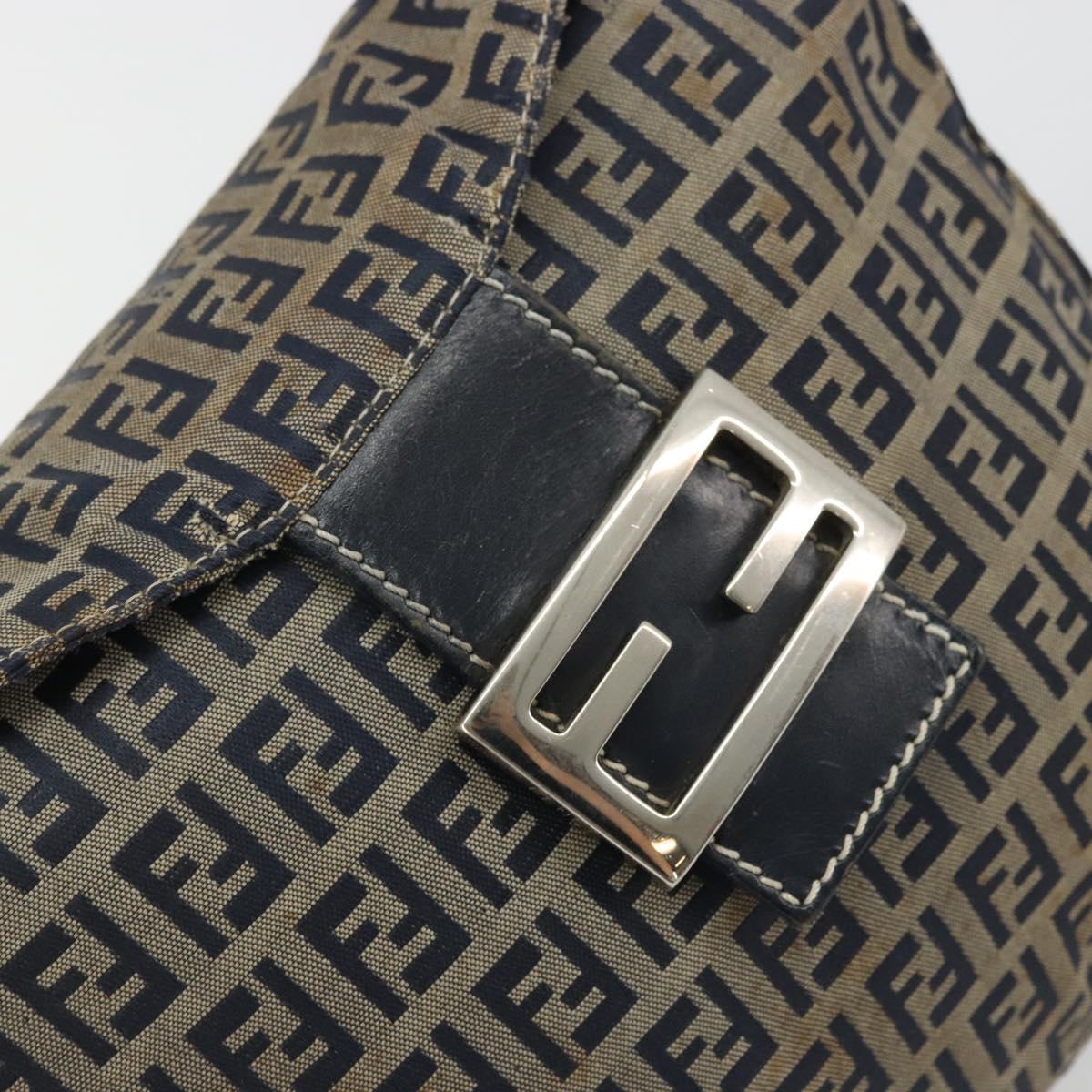 FENDI Zucchino Canvas Mamma Baguette Shoulder Bag Navy Silver Auth YKZ1029A