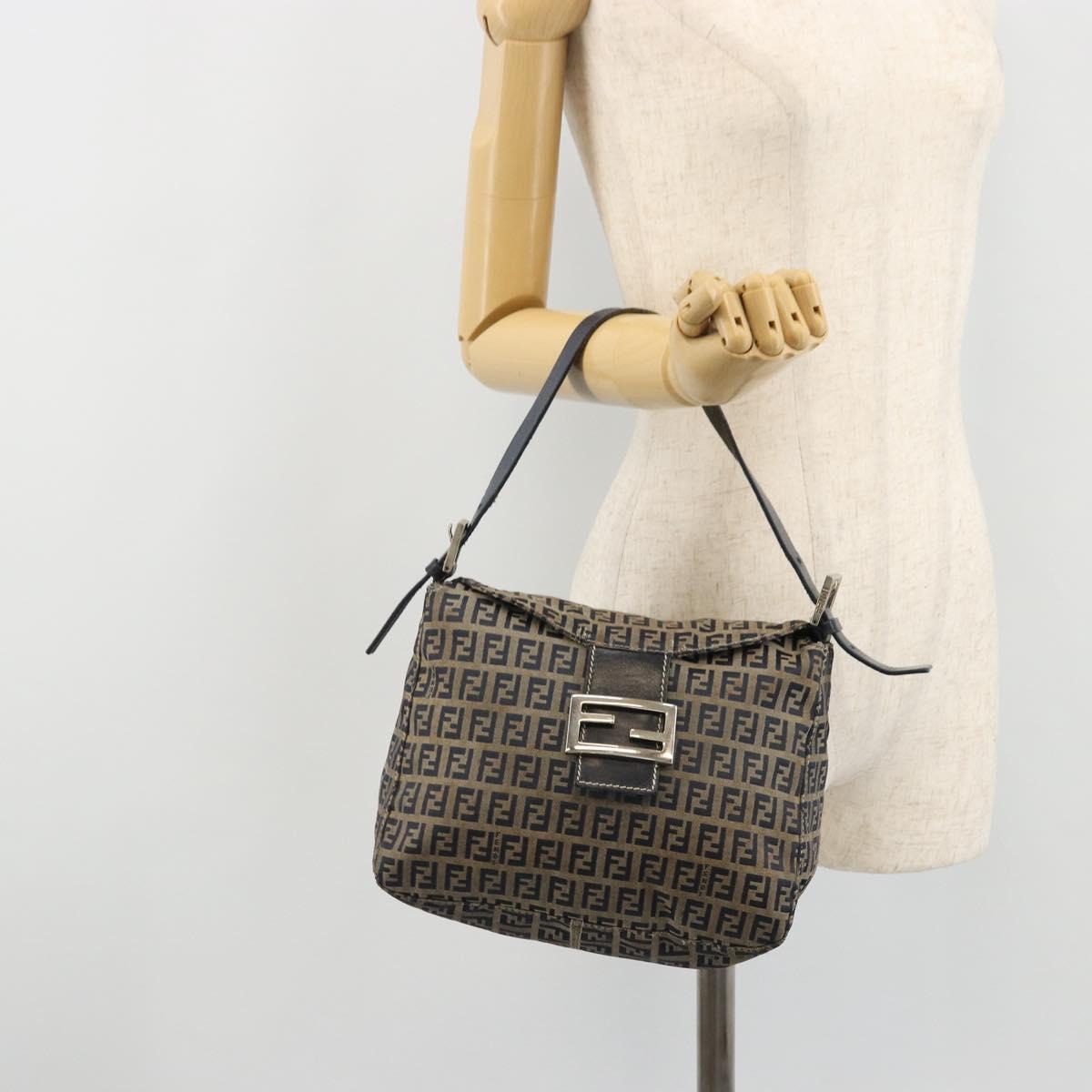 FENDI Zucchino Canvas Mamma Baguette Shoulder Bag Navy Silver Auth YKZ1029A