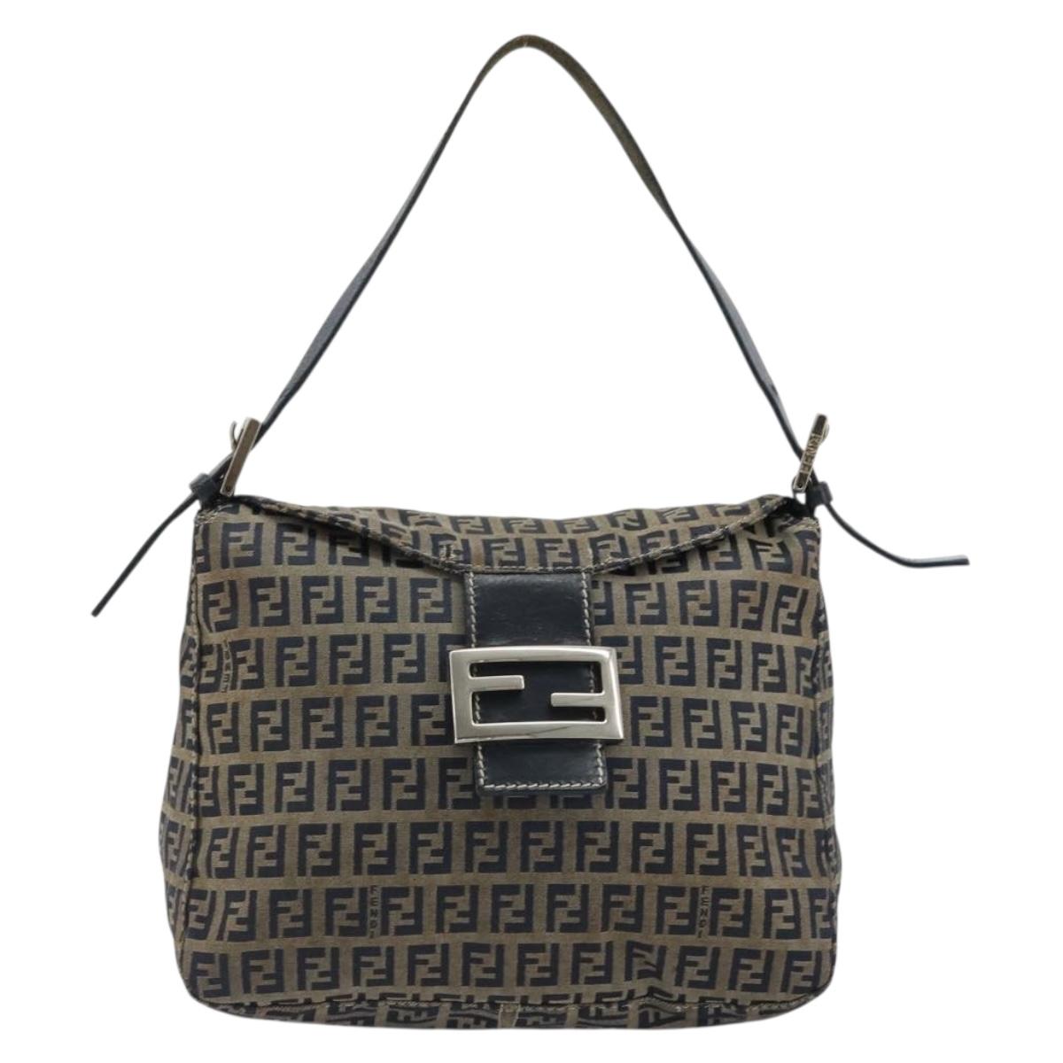 FENDI Zucchino Canvas Mamma Baguette Shoulder Bag Navy Silver Auth YKZ1029A