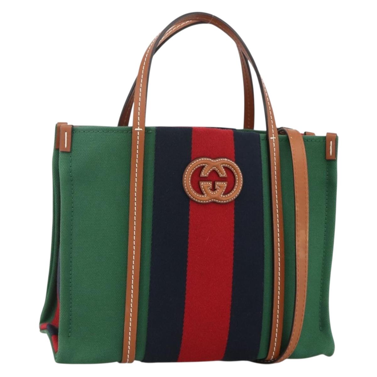 GUCCI Sherry Line Hand Bag Canvas 2way Green Gold Red 727728 Auth YKZ1033M