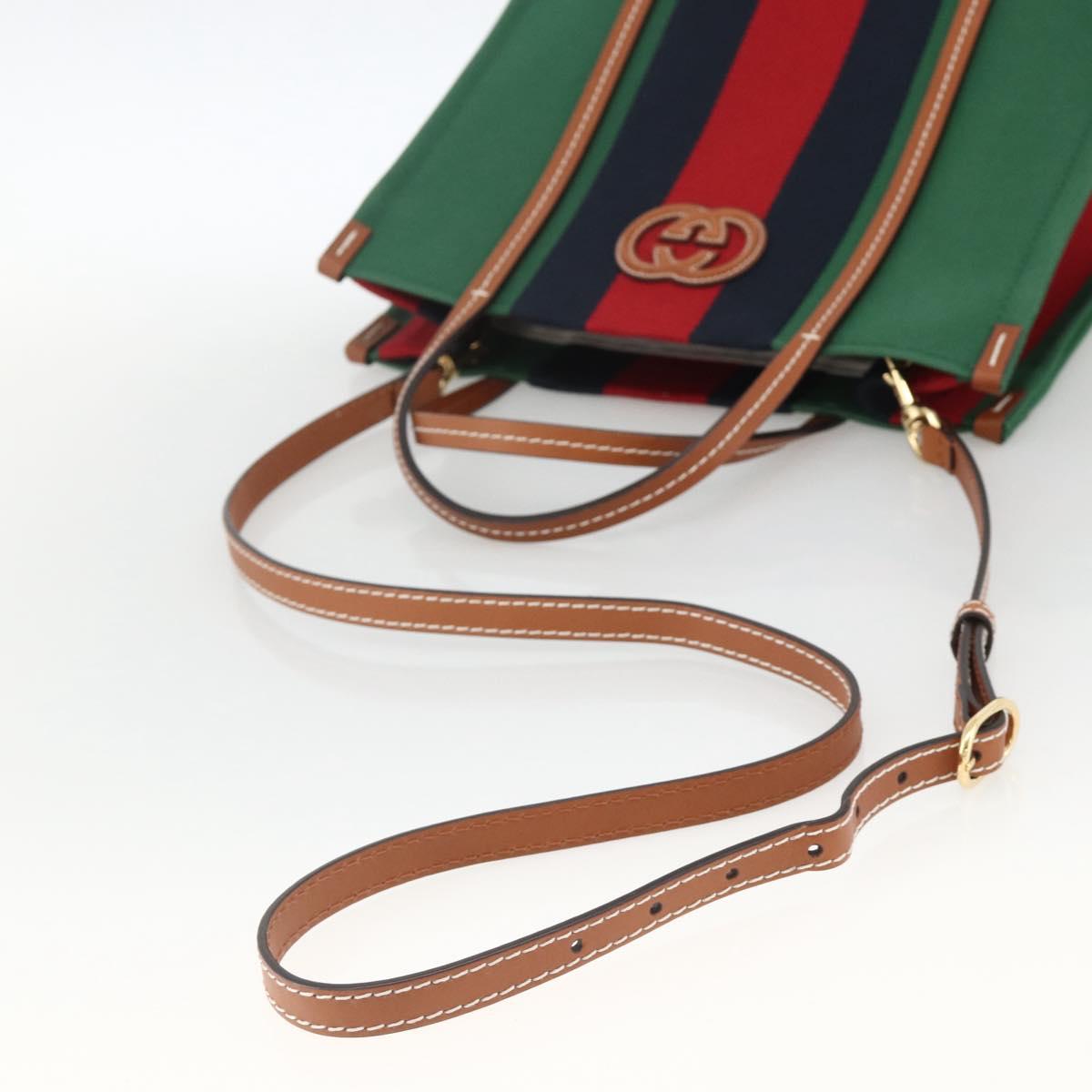 GUCCI Sherry Line Hand Bag Canvas 2way Green Gold Red 727728 Auth YKZ1033M